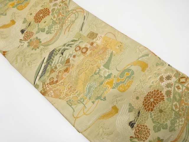 アンティーク　貝桶に鶴・屋敷風景模様織り出し丸帯（材料）